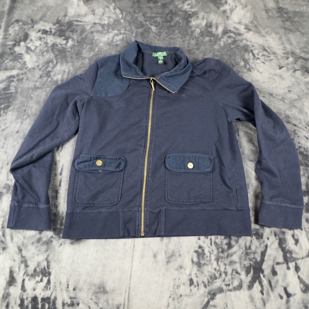 Lauren Ralph Lauren Sweatshirt Womens XL Navy Blue Full Zip Utility Patch Jacket